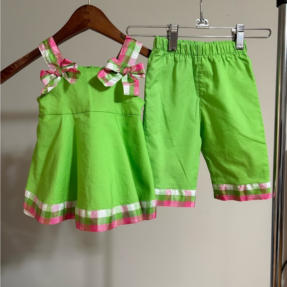 Rare Editions Lime Green Girls Top and Shorts Set with Pink Plaid Accents